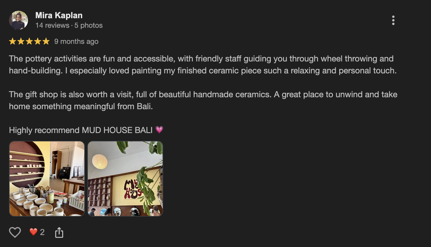 5-star Google review from Mira Kaplan